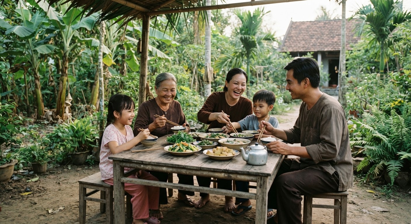 Gia đình Việt Nam quây quần thưởng thức bữa cơm chay ngoài trời.