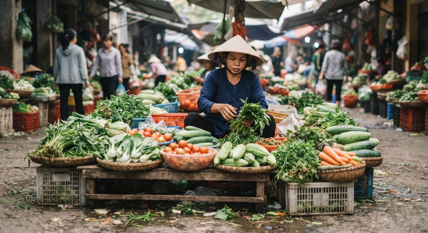 Gian hàng rau củ tươi tại một khu chợ truyền thống ở Việt Nam.