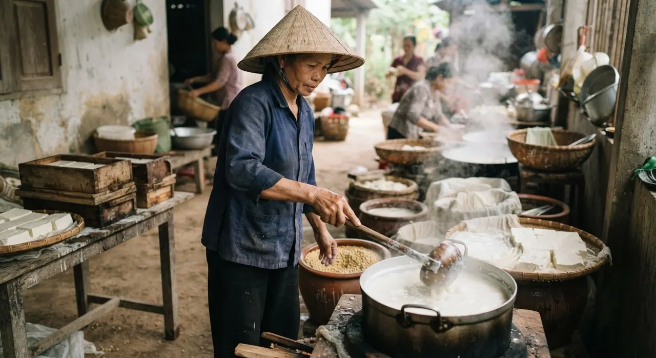 Quy trình làm đậu hũ thủ công, một nguồn protein thực vật phổ biến tại Việt Nam.