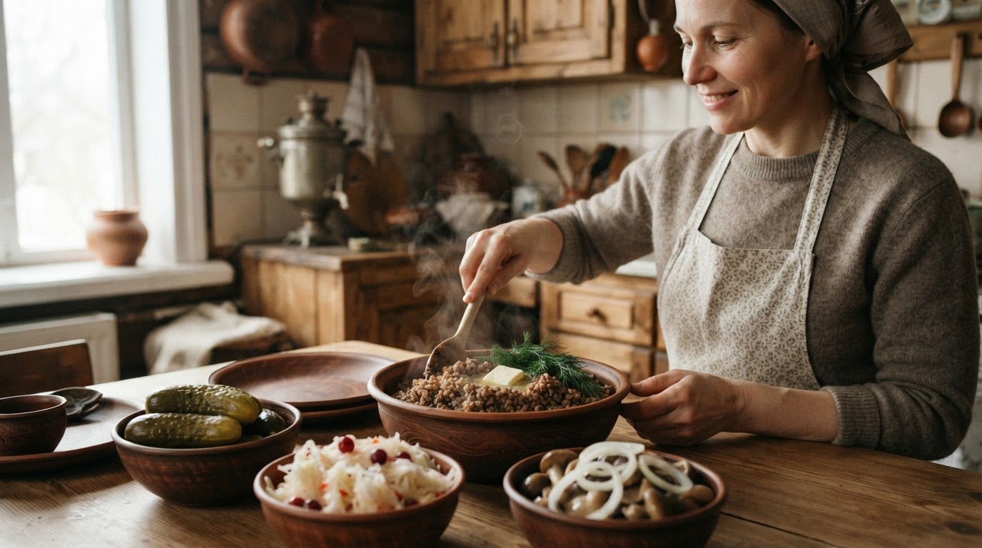 Традиционная русская кухня с гречневой кашей и соленьями