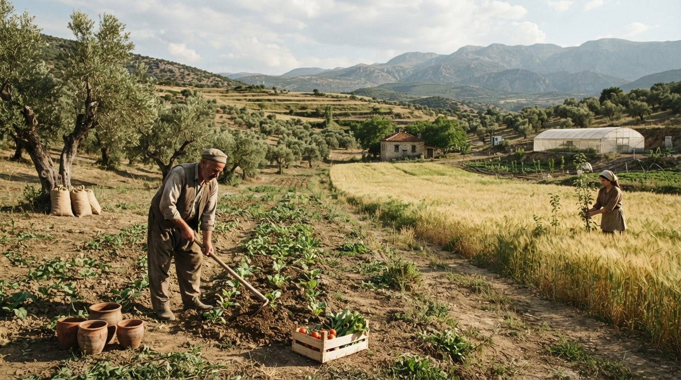Zeytinlikler ve tarlalarla kaplı Anadolu manzarası