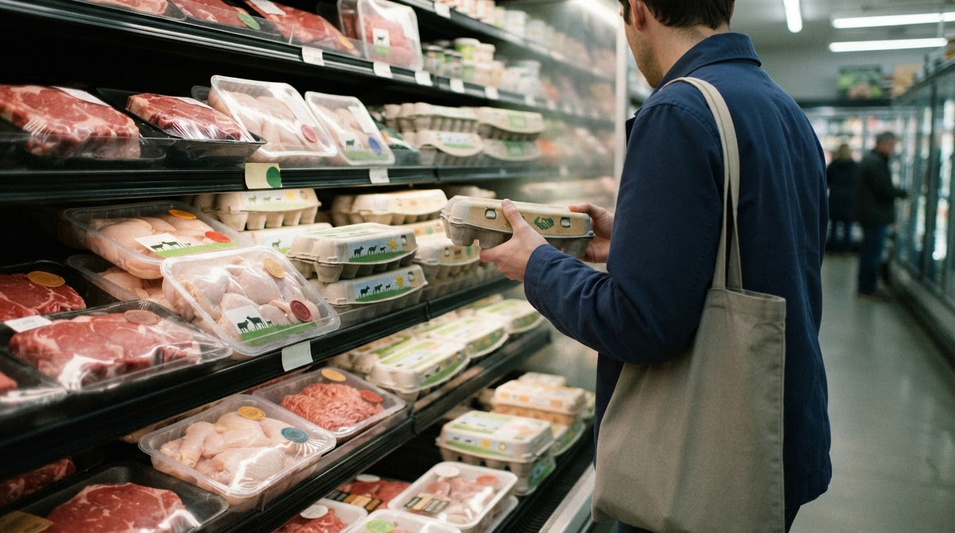 Various animal welfare certification labels displayed on food packaging.