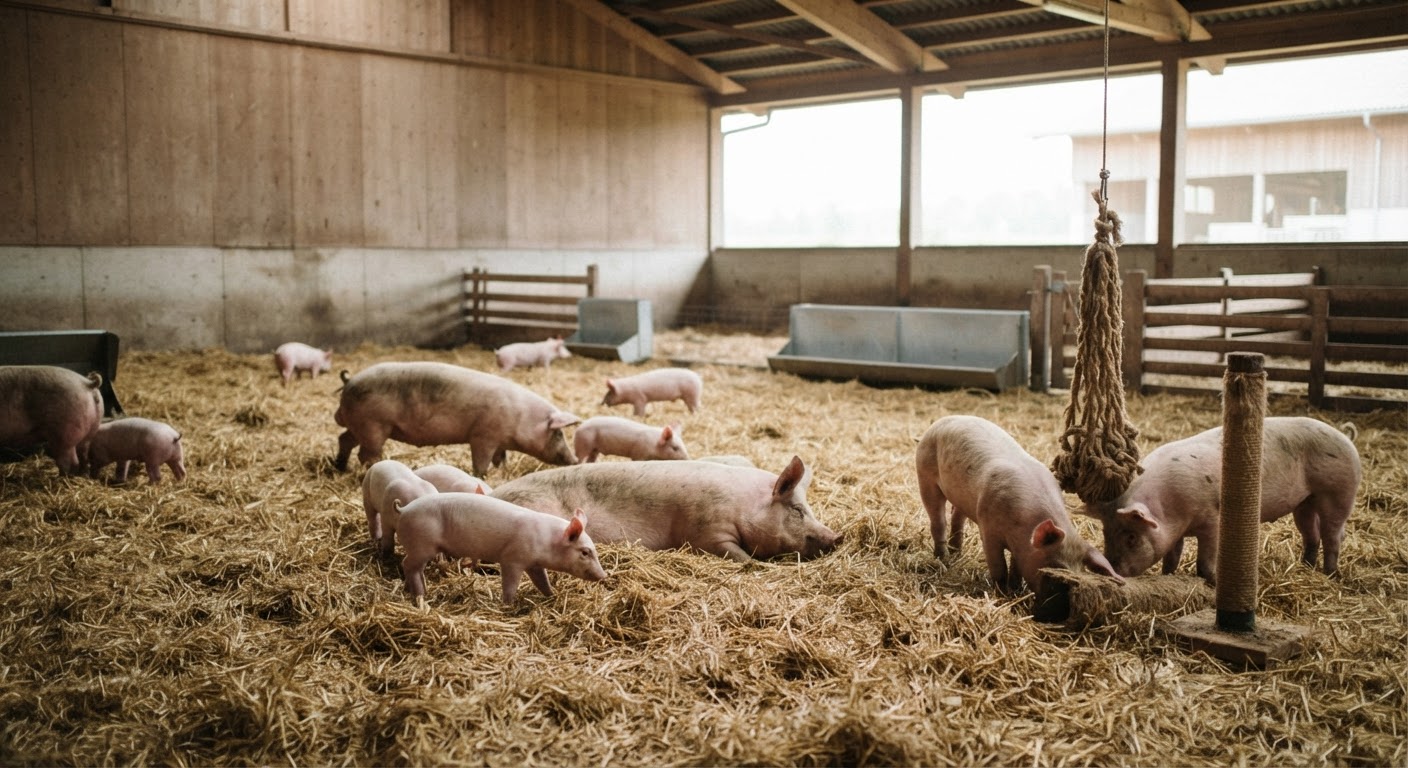 Enriched environments, like this barn with ample space and bedding, are often a hallmark of higher welfare farming systems.