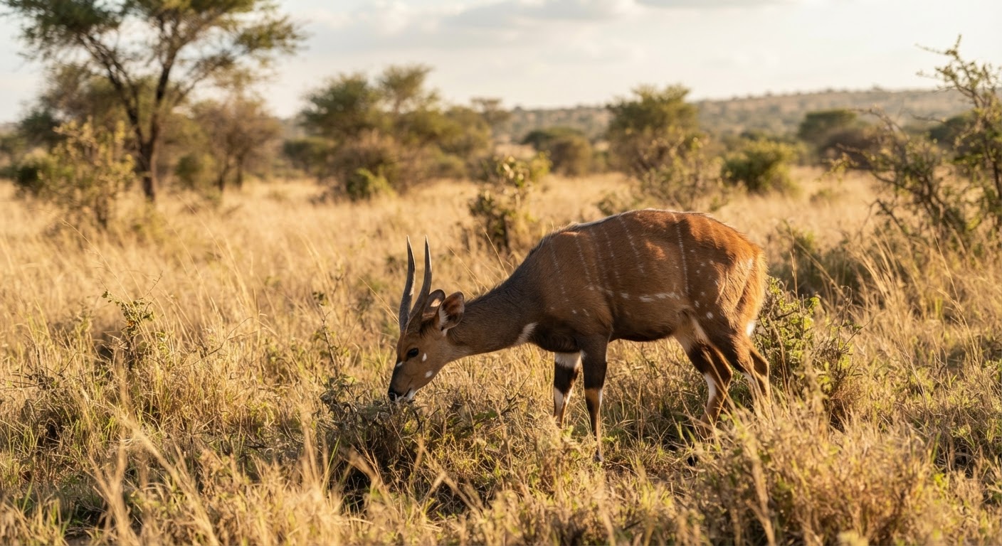 Akọ mààlúù igbó (bushbuck), ọ̀kan lára àwọn ẹ̀ranko tí ó ń dojú kọ ìdínkù.