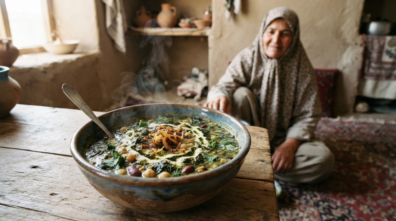 A steaming bowl of Ash Reshteh, a thick Persian noodle soup with herbs, beans, and lentils, garnished with fried onions and mint oil.