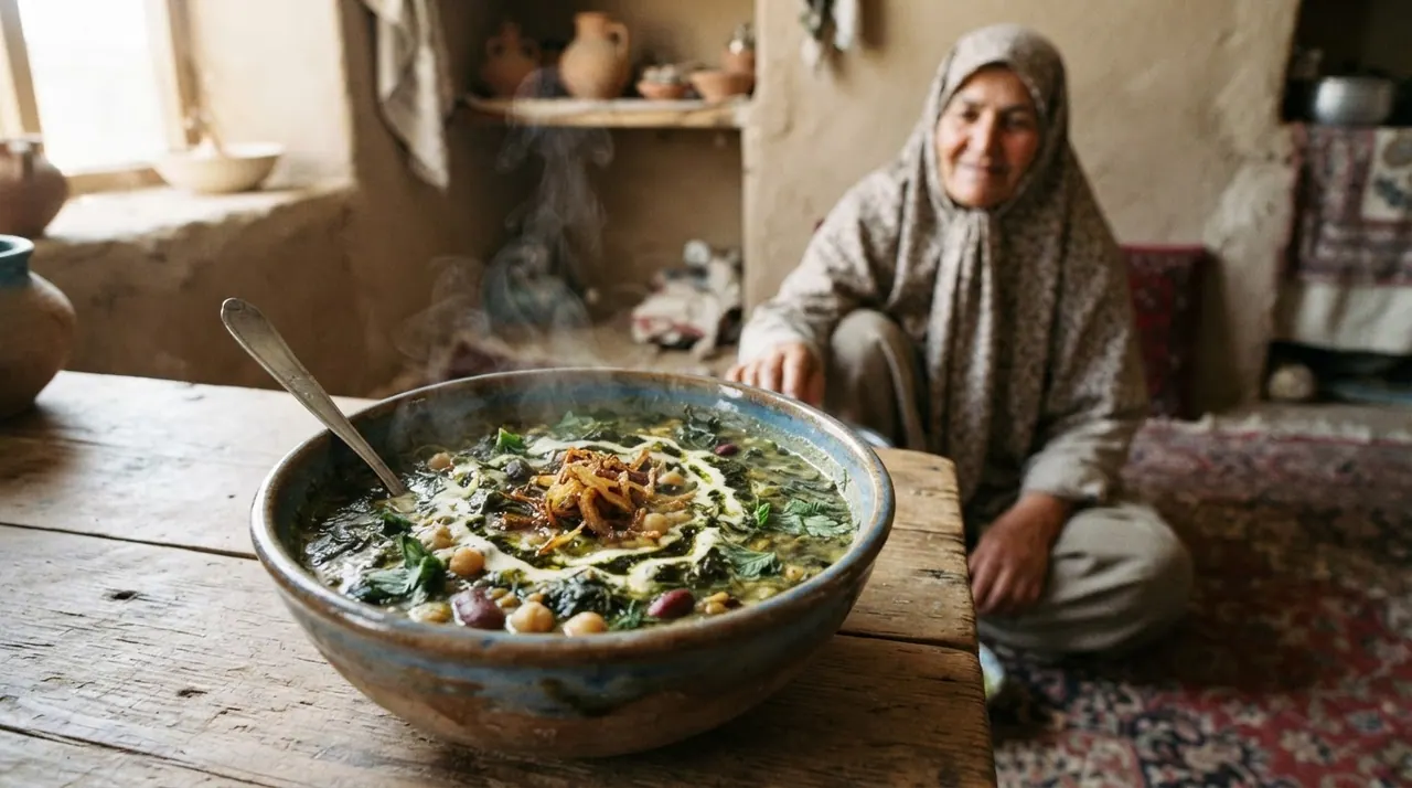 A steaming bowl of Ash Reshteh, a thick Persian noodle soup with herbs, beans, and lentils, garnished with fried onions and mint oil.