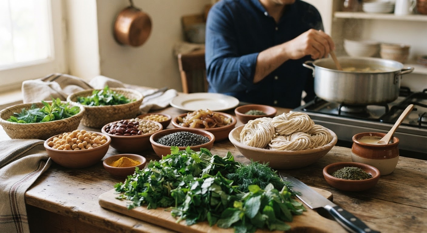A colourful array of ingredients for Ash Reshteh, including various dried legumes, fresh herbs, and noodles, showcasing the wholesome nature of this Persian soup.