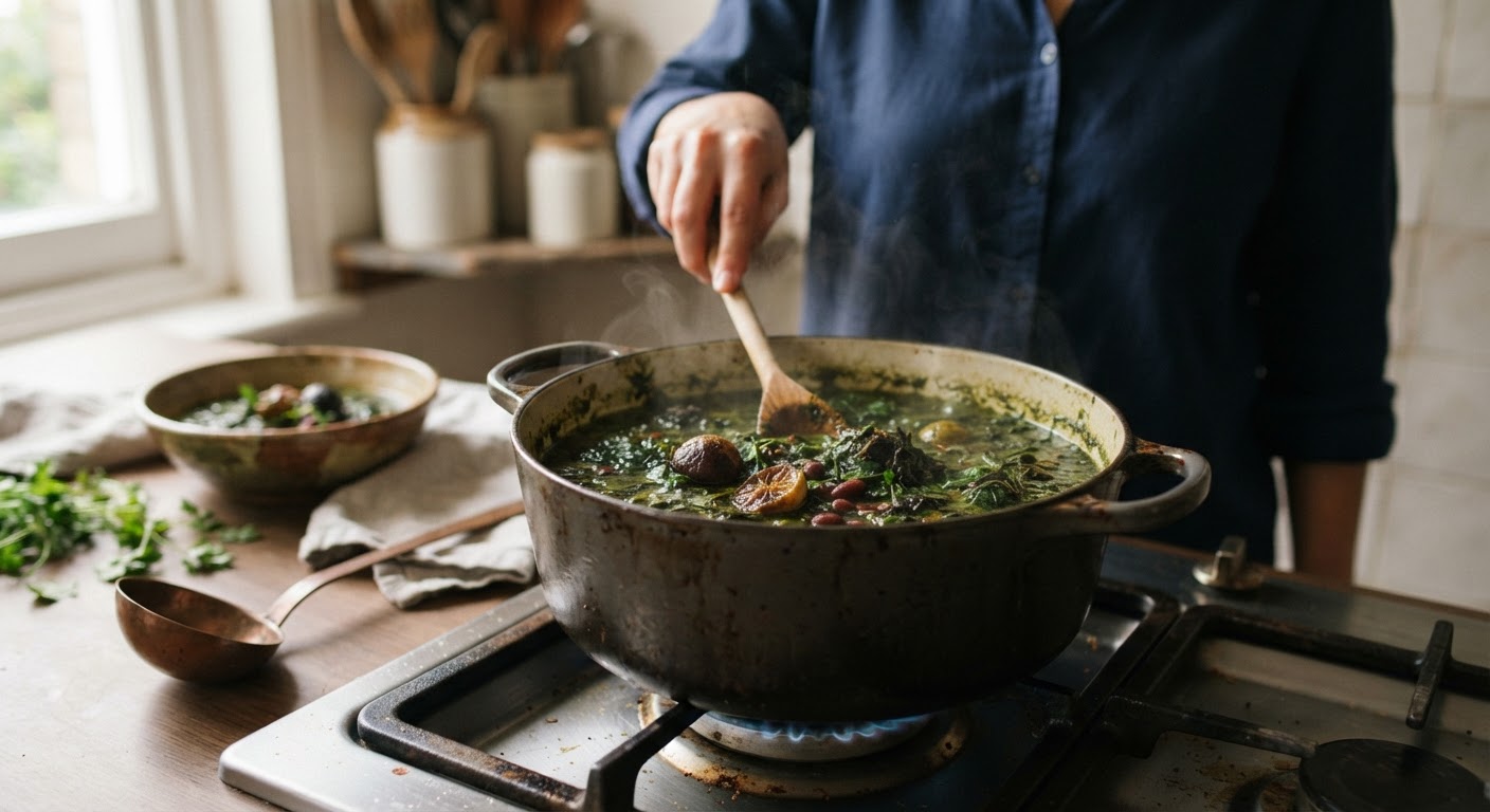A vibrant green vegan Khoresht Ghormeh Sabzi simmering in a pot, showcasing the rich herb and bean base that defines this classic Persian stew.