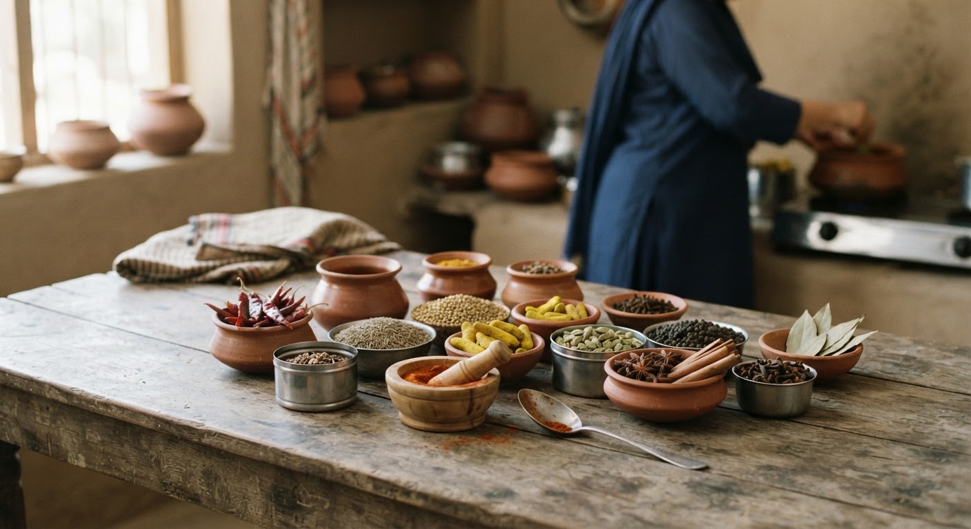 لکڑی کی میز پر روایتی پاکستانی مصالحے