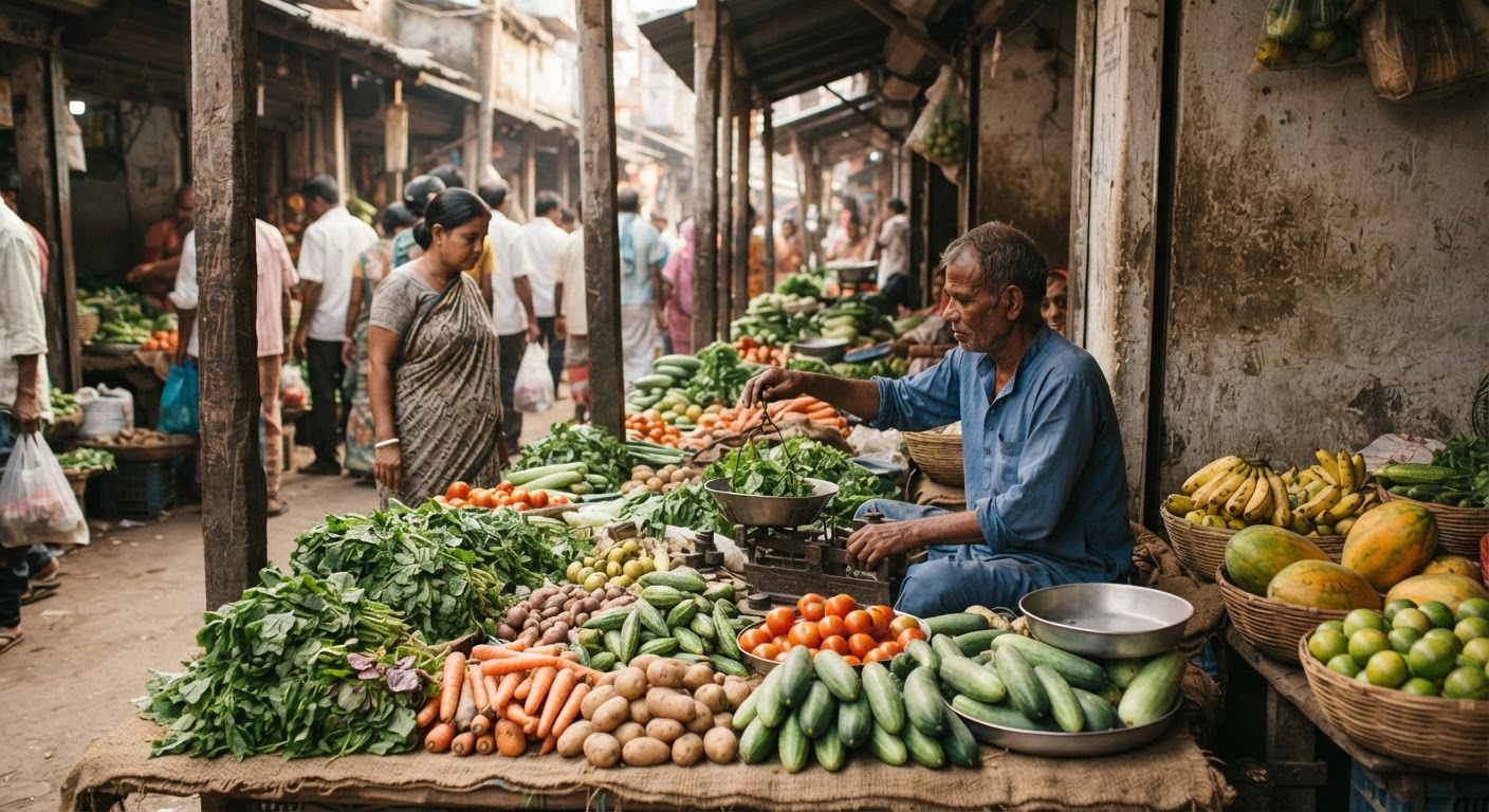 পশ্চিমবঙ্গের স্থানীয় বাজারে টাটকা সবজি ও ফলমূল।