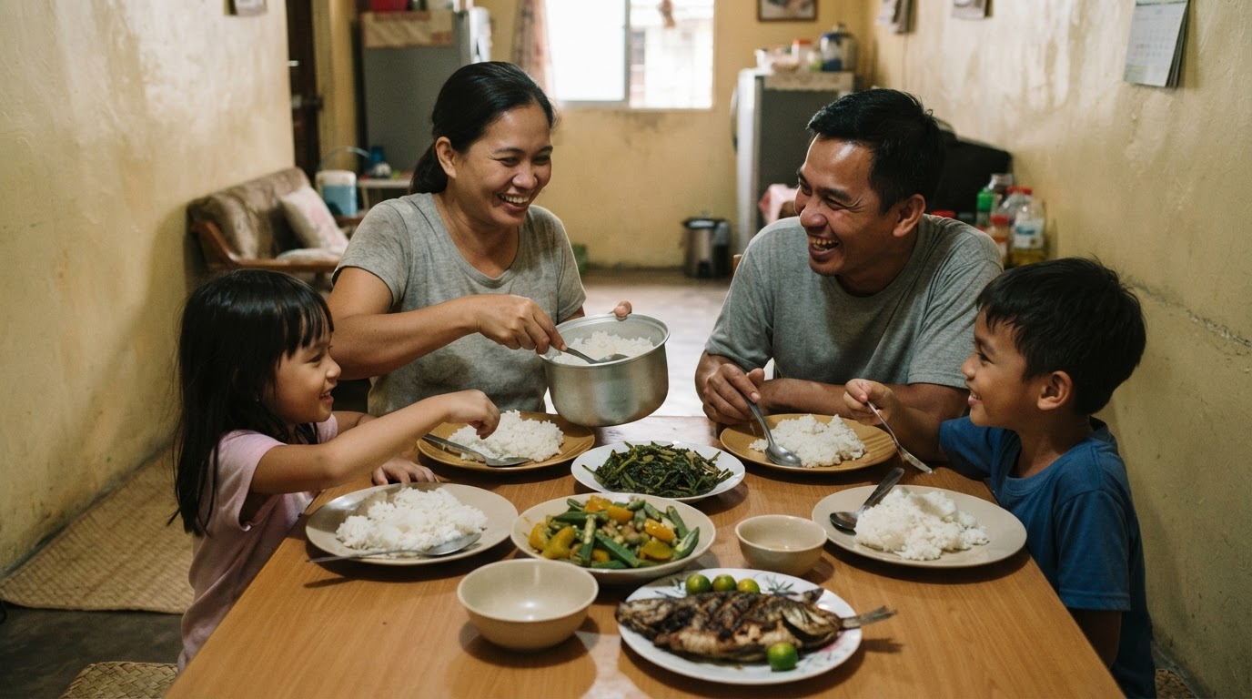 Isang masayang pamilyang Pilipino na naghahapunan sa kanilang lamesa, puno ng kanin, gulay, at isda.