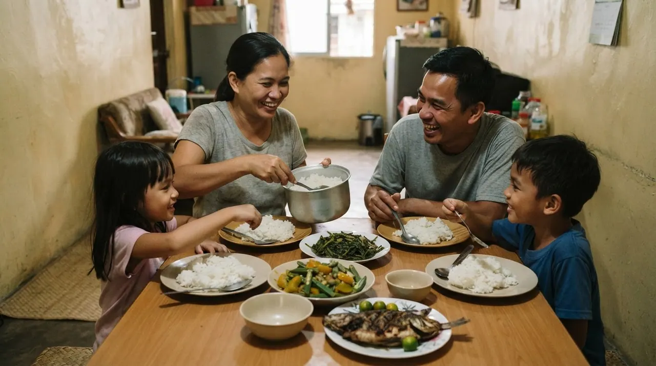 Isang masayang pamilyang Pilipino na naghahapunan sa kanilang lamesa, puno ng kanin, gulay, at isda.