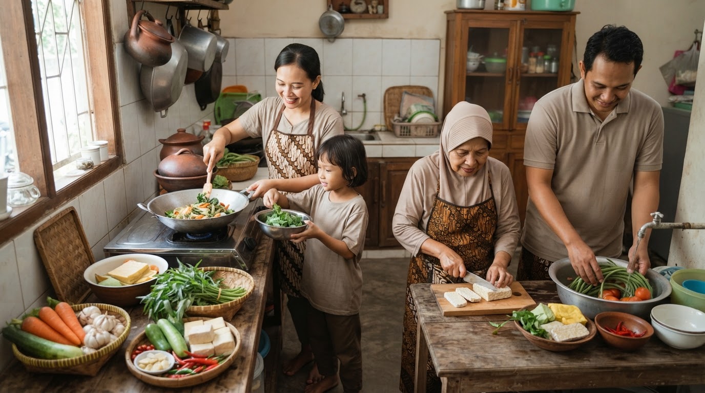 Keluarga Indonesia memasak bersama di dapur