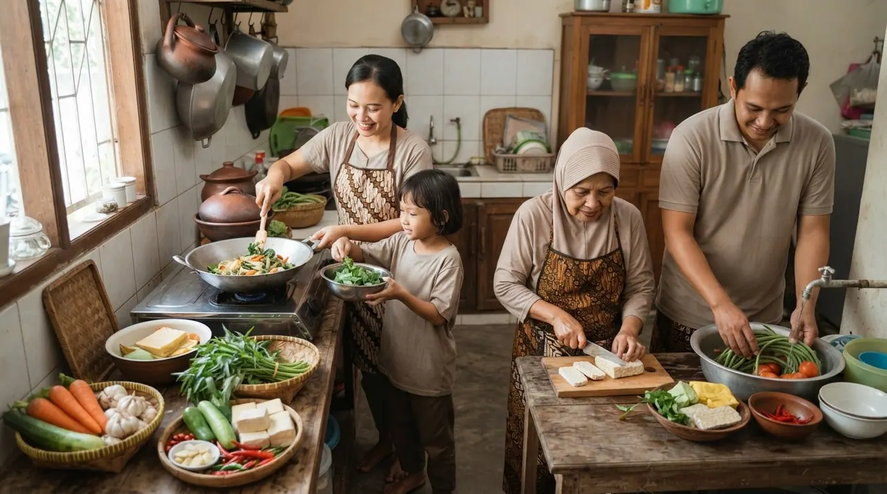 Keluarga Indonesia memasak bersama di dapur