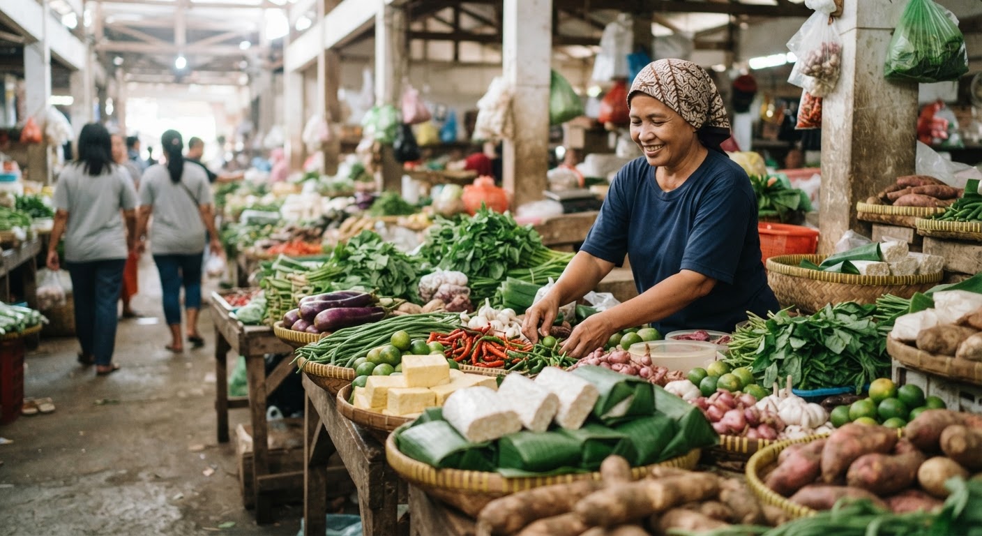 Pasar tradisional menawarkan kekayaan bahan nabati segar untuk variasi masakan vegan.