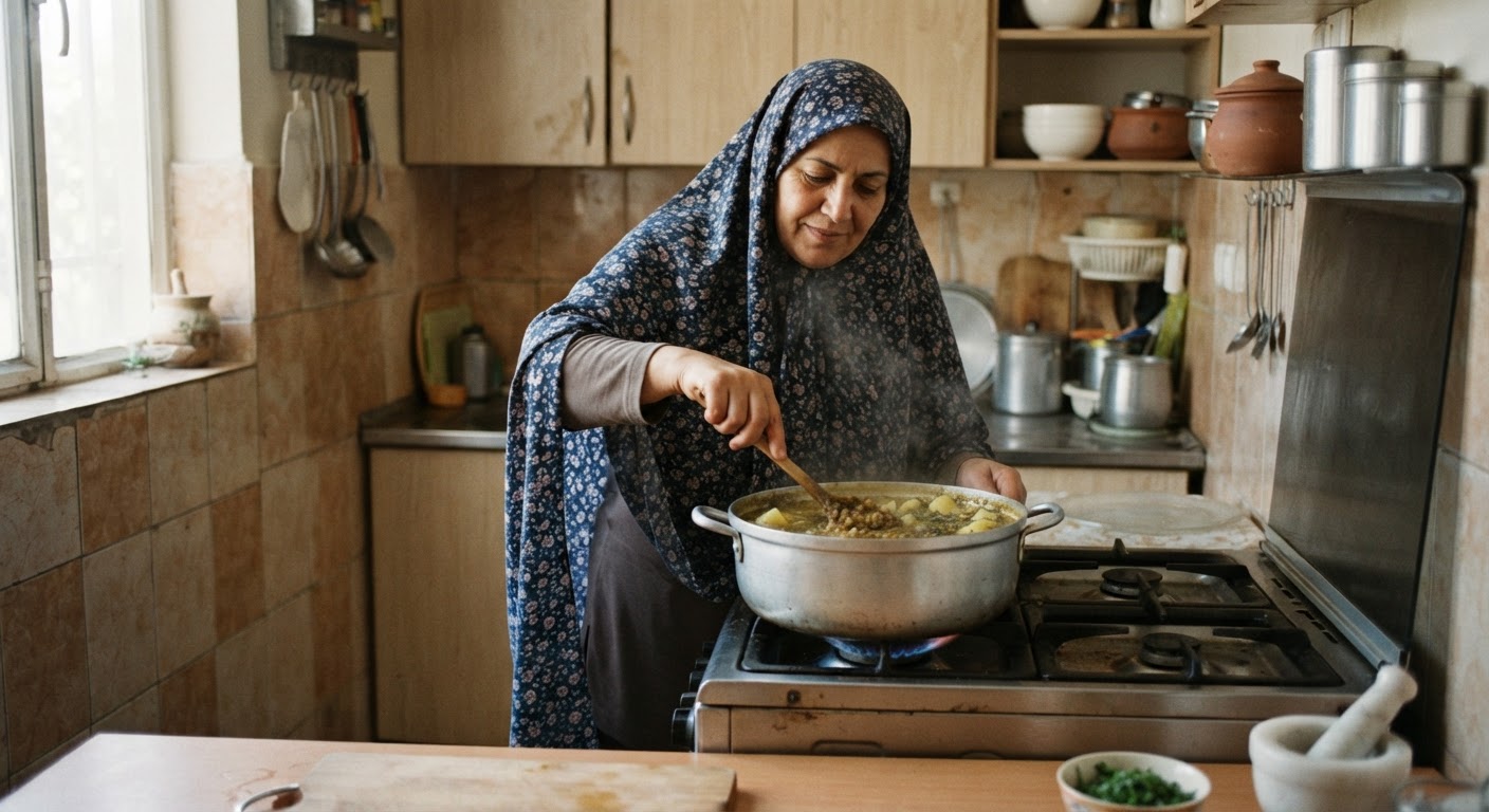 زنی ایرانی در حال پختن خورشت عدس در آشپزخانه