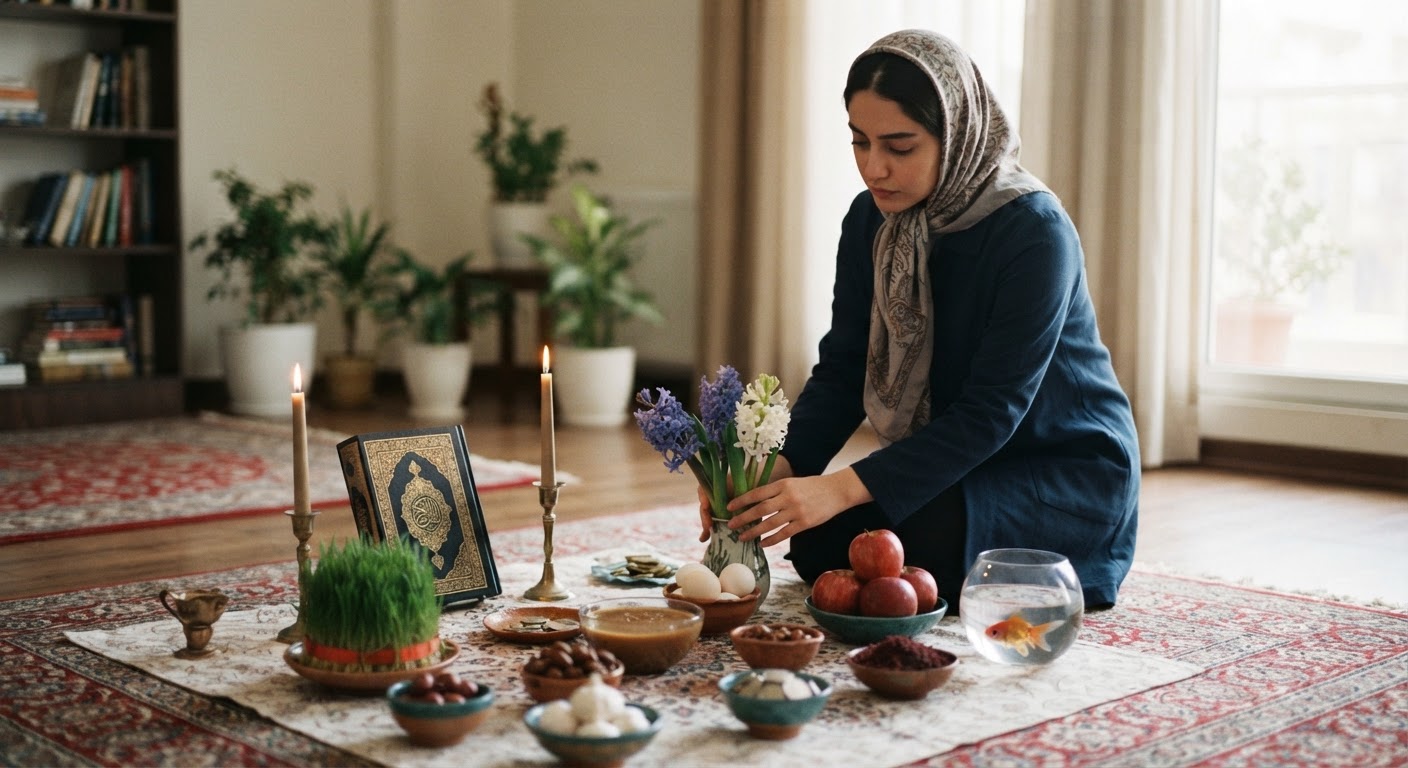 سفره هفت سین نوروز، نمادی از سنتهای غنی ایرانی که گاهی شامل محصولات حیوانی نیز میشود.