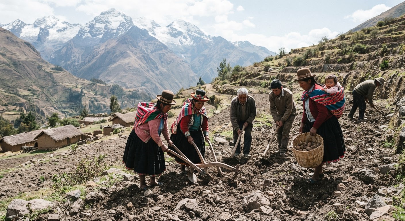 Andes urqukunapi runakuna chakrapi llamk'achkaspa.