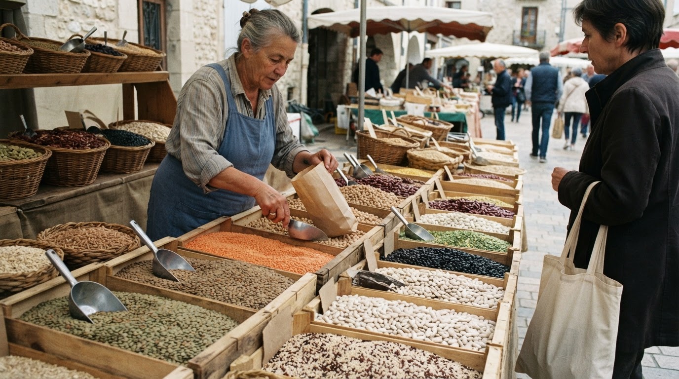 Un étal de marché français rempli de légumineuses et de céréales