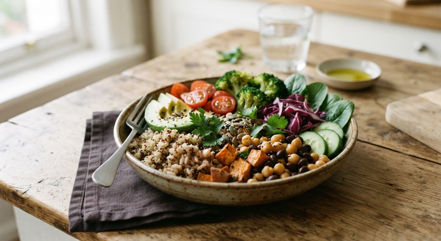 Une assiette colorée et équilibrée, riche en fibres, vitamines et protéines végétales.