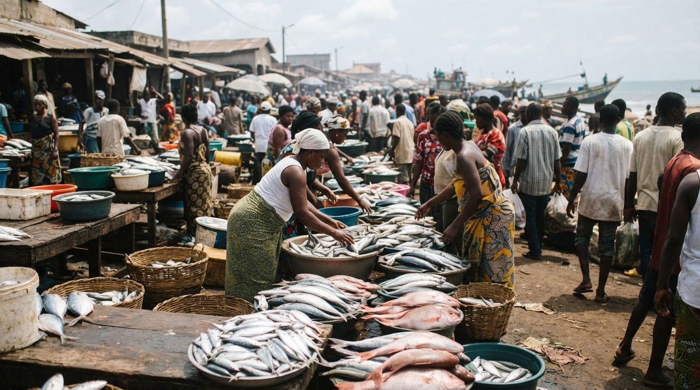Ọjà ẹja kan ní Ìwọ̀ Oòrùn Áfríkà tí ó kún fún àwọn oníṣòwò àti ẹja tí wọ́n mú.