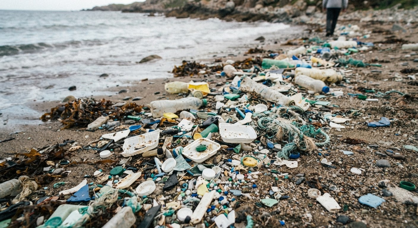 Sahile vuran plastik atıklar, deniz kirliliğinin boyutunu gösteriyor.