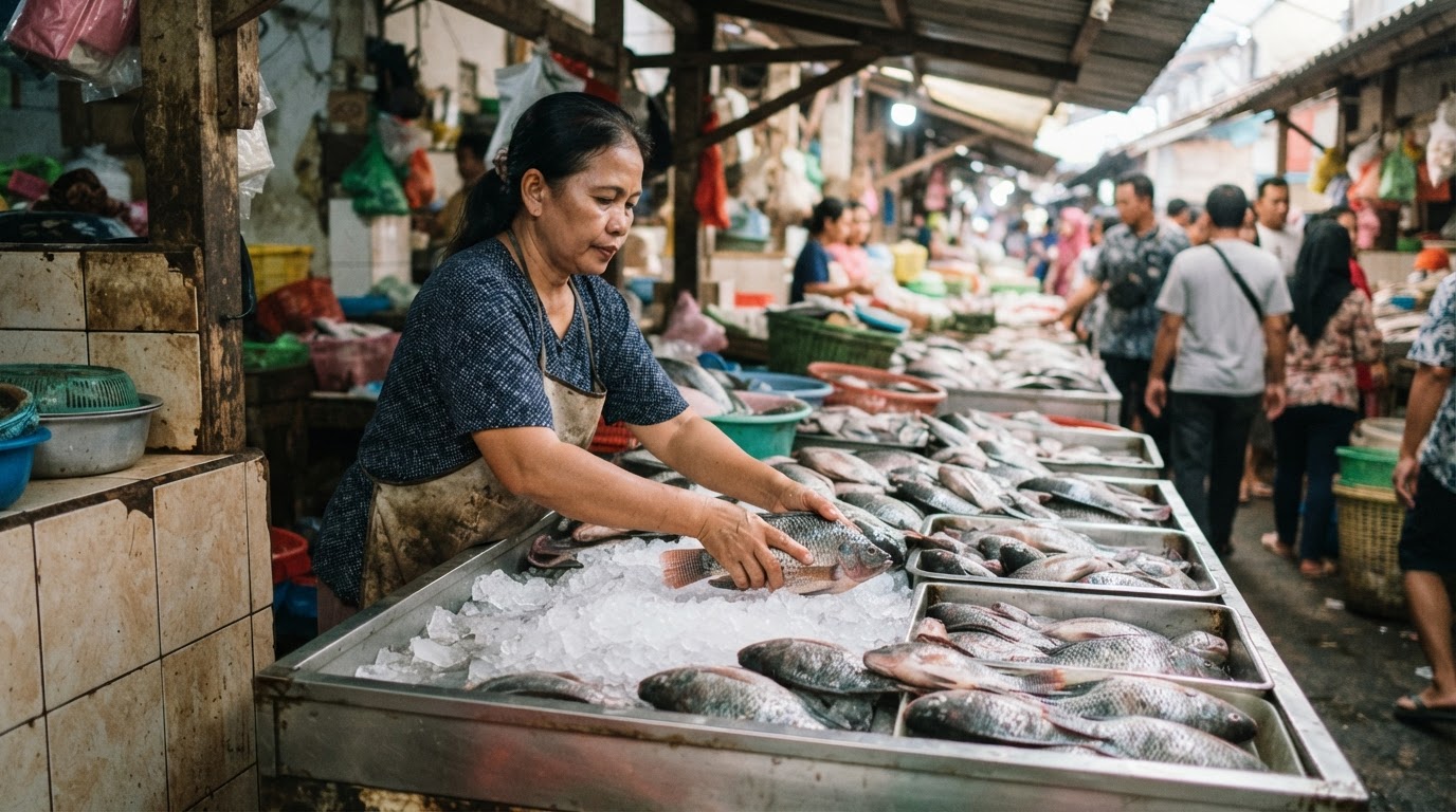 Stan pasar ikan yang menjual ikan tilapia segar