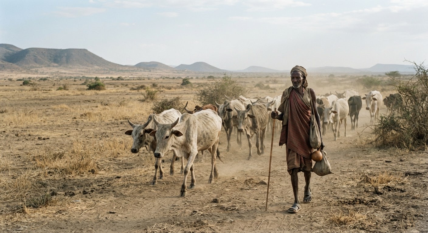 በድርቅ ወቅት ከብቶች ይዘው የሚሄዱ የኢትዮጵያ አርብቶ አደር