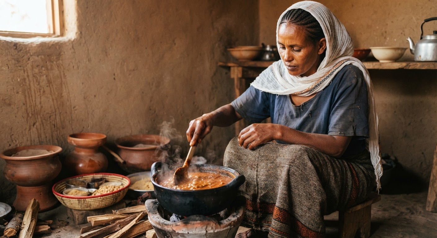 ሽሮ ወጥ በማዘጋጀት ላይ ያለች የኢትዮጵያ ሴት፣ የጾም ጊዜ ተወዳጅ ምግብ።