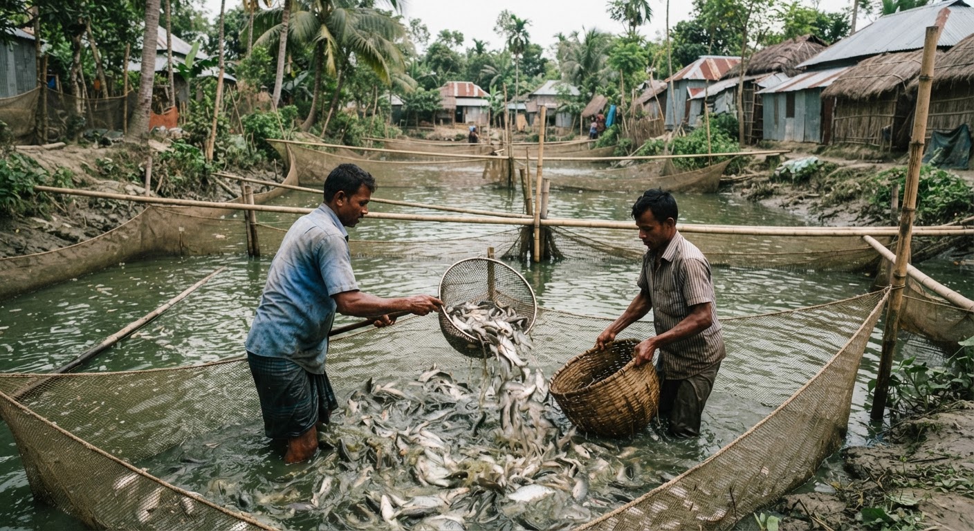 বাংলাদেশের ছোট পুকুরে মাছ চাষ, যা স্থানীয় পুষ্টি ও অর্থনীতির জন্য গুরুত্বপূর্ণ।