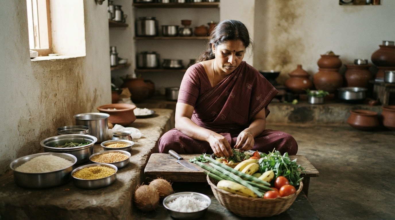 தென்னிந்திய சைவ உணவு தயாரிக்கும் பெண், அரிசி, பருப்பு, காய்கறிகள் மற்றும் தேங்காய் உடன்