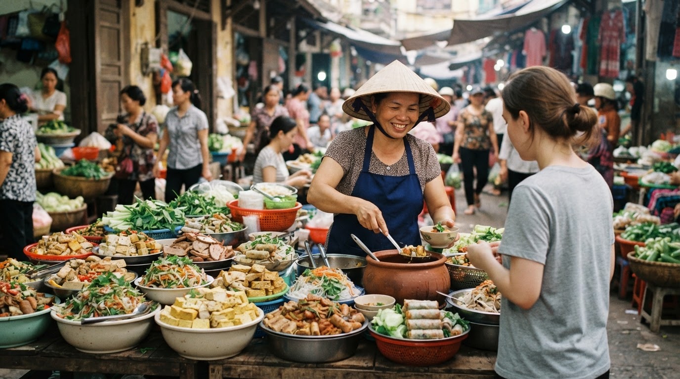 Quầy hàng bán đồ ăn chay phong phú tại chợ Việt Nam