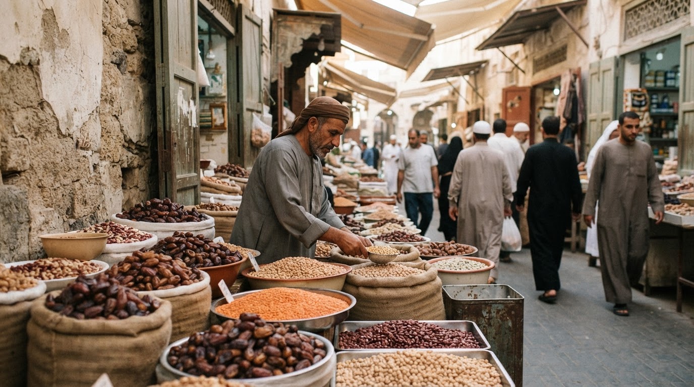 سوق شرق أوسطي تقليدي يعرض التمور والبقوليات