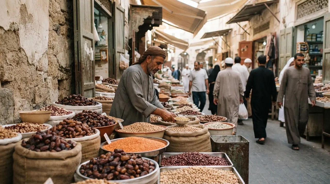 سوق شرق أوسطي تقليدي يعرض التمور والبقوليات