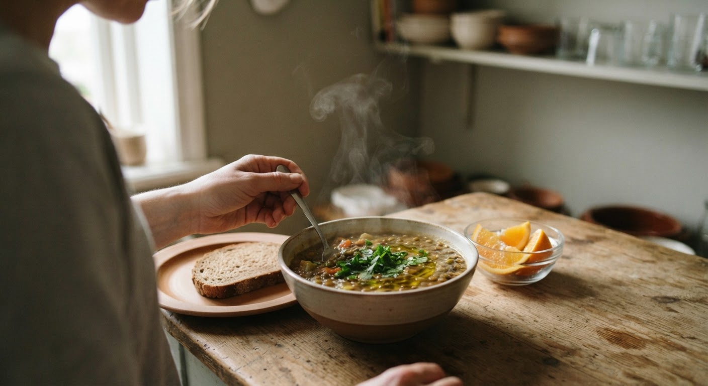 طبق شوربة عدس غني بالحديد، يمكن تعزيز امتصاصه بفيتامين سي.