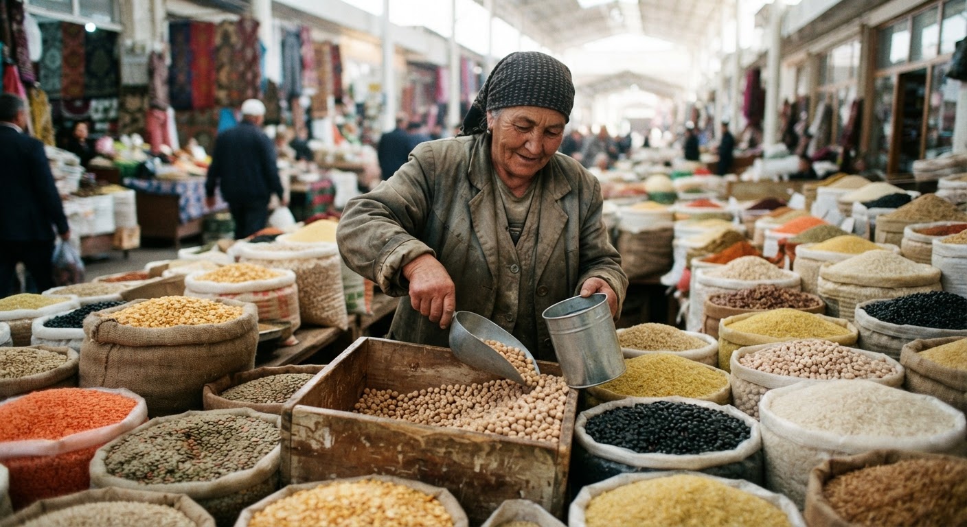 Дәстүрлі Орта Азия базарындағы астық пен бұршақтар