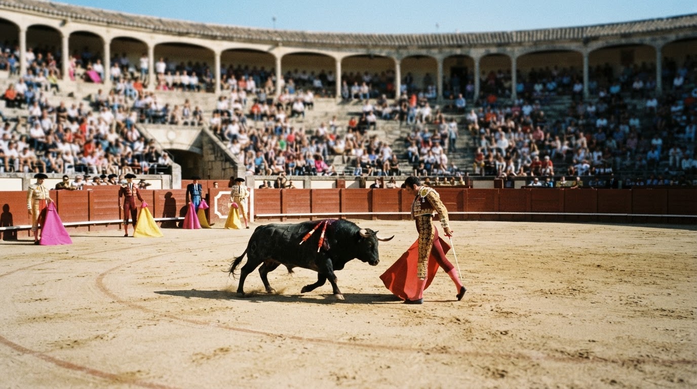 Un toro bravo en el centro de una plaza de toros durante una corrida.