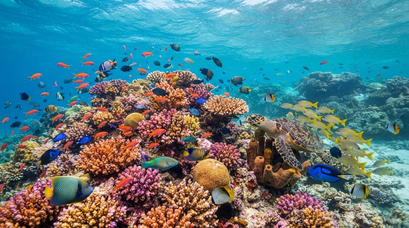 Recife de coral vibrante subaquático repleto de vida marinha.
