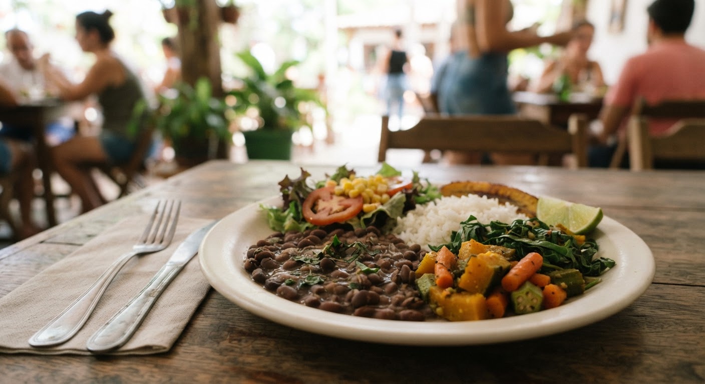 Um prato colorido de comida brasileira, com feijão, arroz e vegetais frescos, exemplifica uma refeição saborosa e amiga do ambiente.