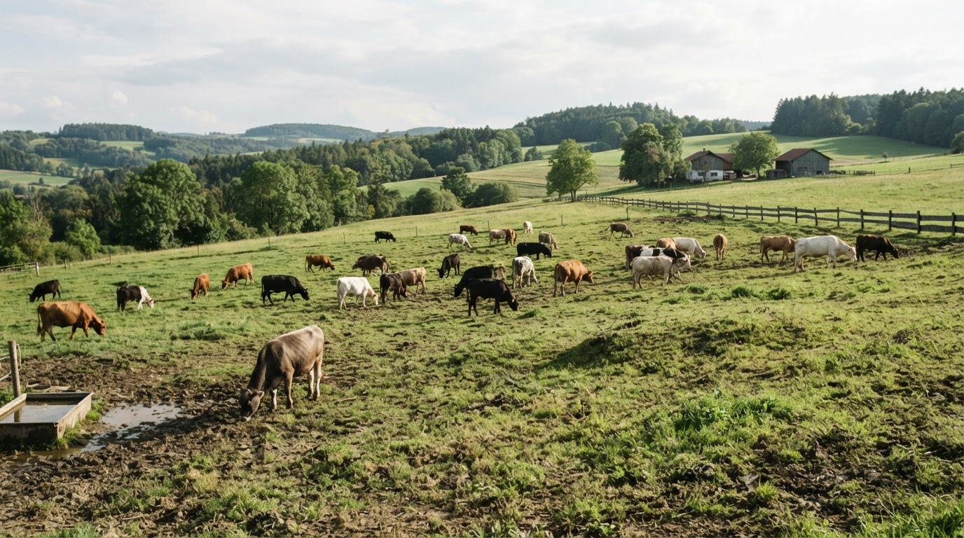 Weidende Kühe auf einer grünen Weide in Deutschland