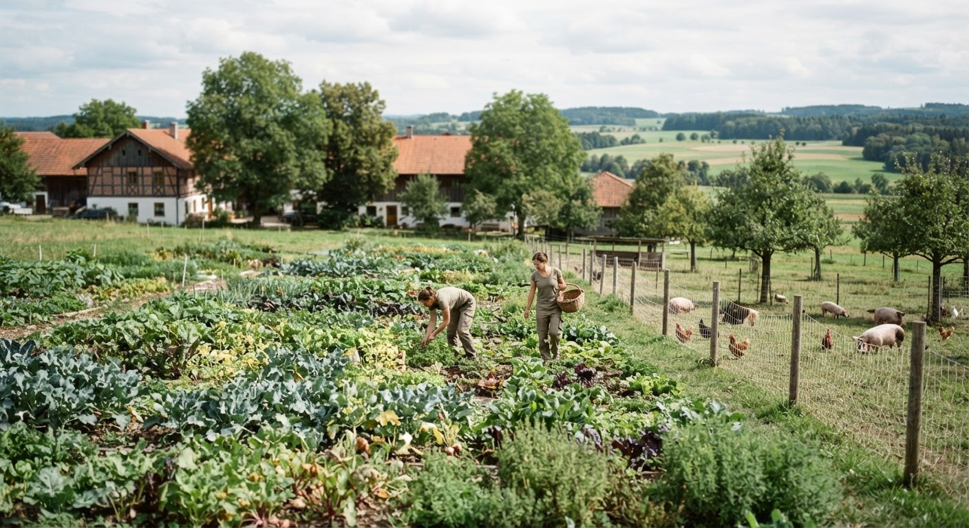 Ein Hof in Bayern, der auf vielfältige Fruchtfolgen und eine artgerechte Tierhaltung setzt, passt regenerative Prinzipien an lokale Gegebenheiten an.