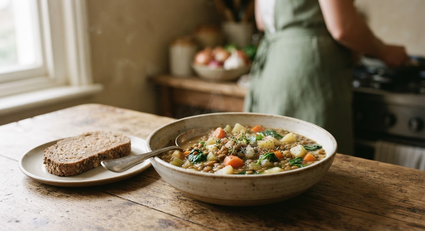 Un reconfortante plato de lentejas, rico en hierro y proteínas, perfecto para una comida equilibrada.