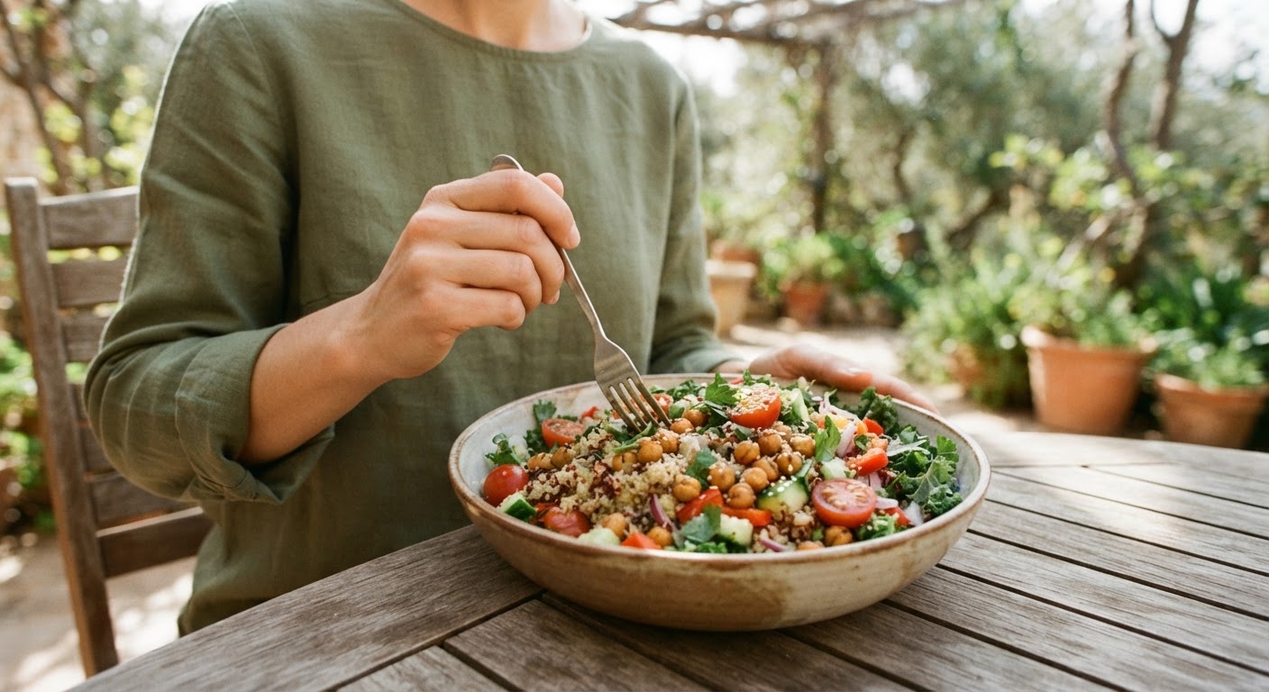 Una ensalada de quinoa con garbanzos y verduras, un almuerzo completo y nutritivo.