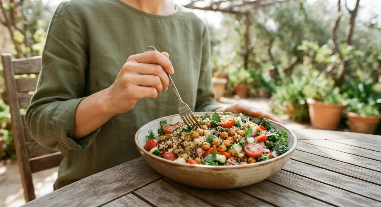 Una ensalada de quinoa con garbanzos y verduras, un almuerzo completo y nutritivo.