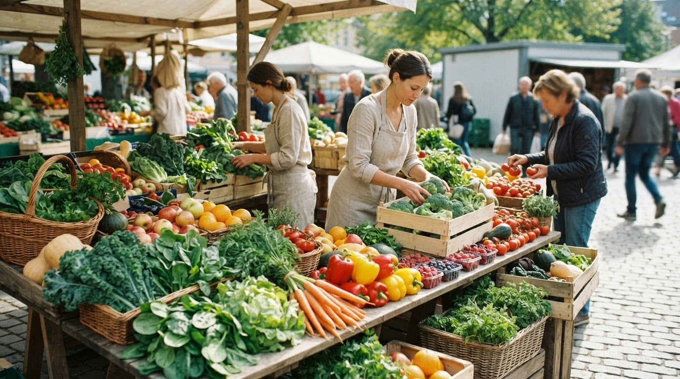 Vibrant display of fresh fruits and vegetables at an outdoor market