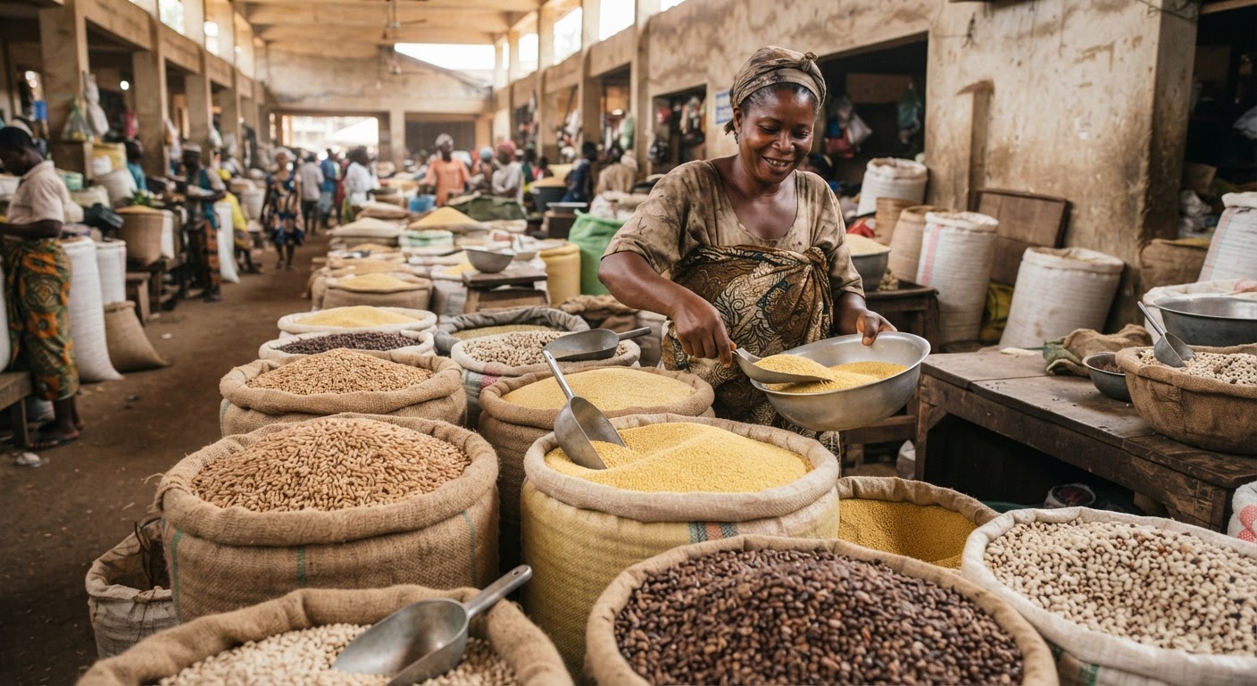 Wani katafaren kantin sayar da kayan abinci a kasuwar Najeriya, wanda ke nuna alkama, gero, da wake-wake, yana mai nuni ga tushen abinci na gida.