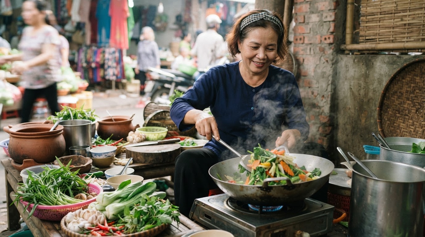 Phụ nữ Việt Nam đang nấu rau củ tươi.