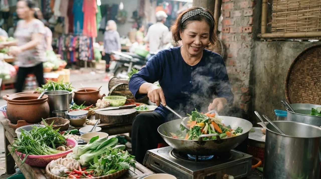 Phụ nữ Việt Nam đang nấu rau củ tươi.