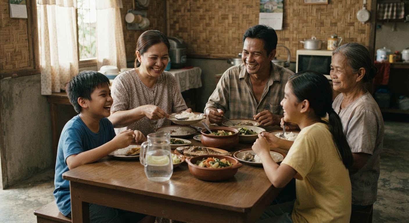 Isang masayang pamilyang Pilipino na nagsasalo-salo sa hapag-kainan.