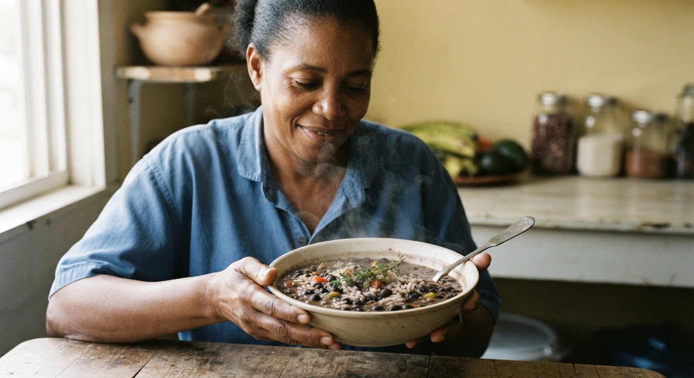 Yon bòl soup pwa nwa Ayisyen ak diri, yon egzanp repa vegan ki bon mache ak nourisan.
